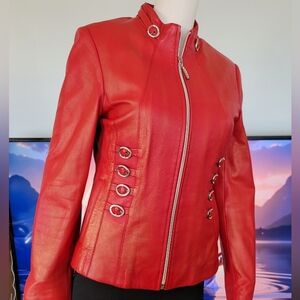 🔴❗️ BOUTIQUE OF LEATHER Women's Red Jacket with BUCKLES and RHINESTONES ❗️🔴